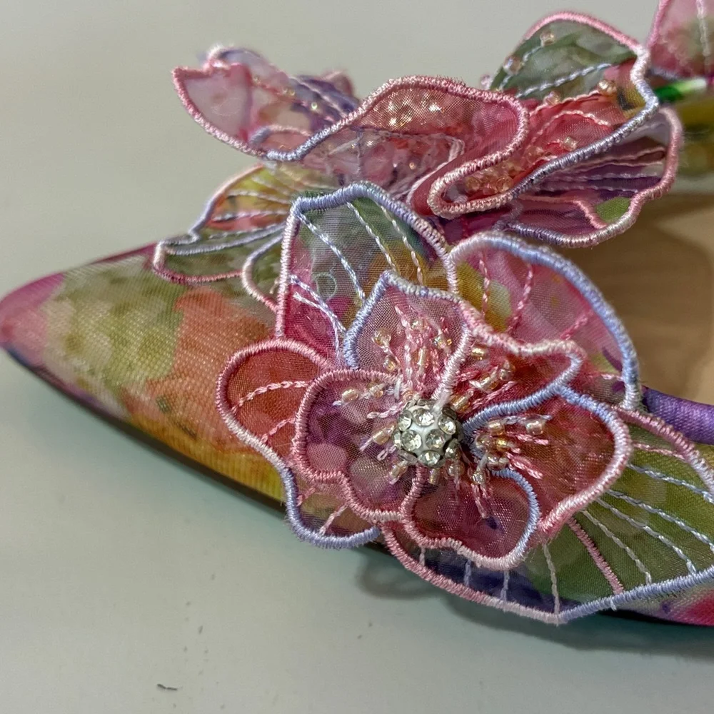 Betsey Johnson Avi Multicolor Floral Appliqué Slingback Heels - Picture 6 of 8